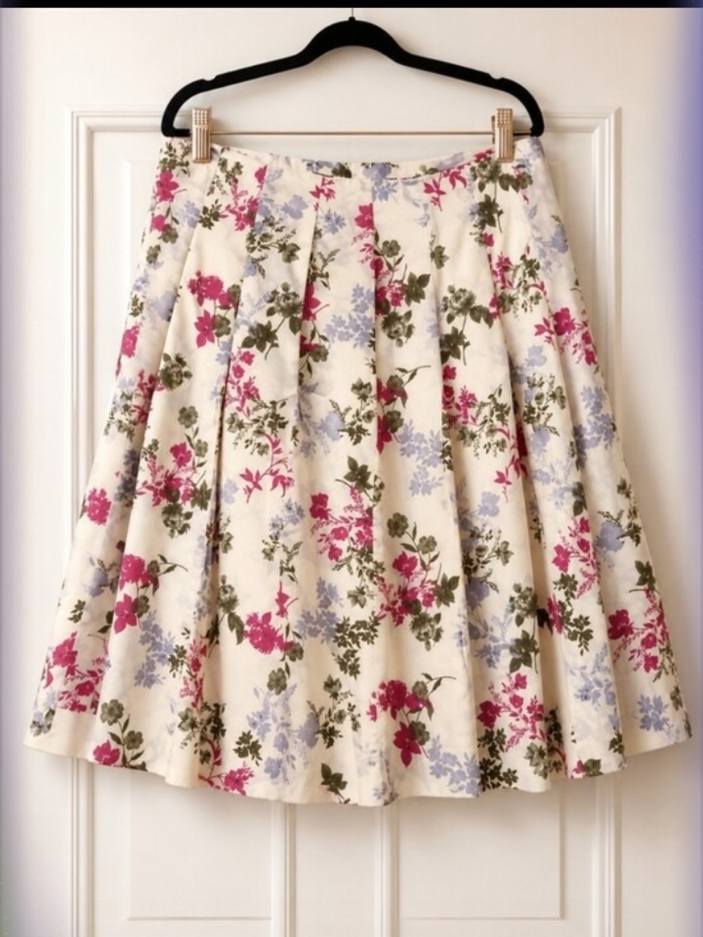 Talbots Floral Box Pleat A-Line Midi Skirt Cream Magenta Spring Summer Size 14W